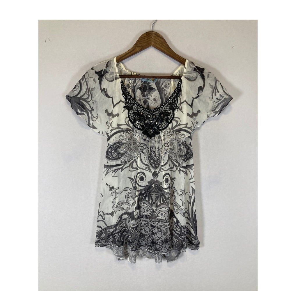 Y2K Unity World Wear Women XL White‎ Gray Paisley Crochet Lace Neck Tunic Top